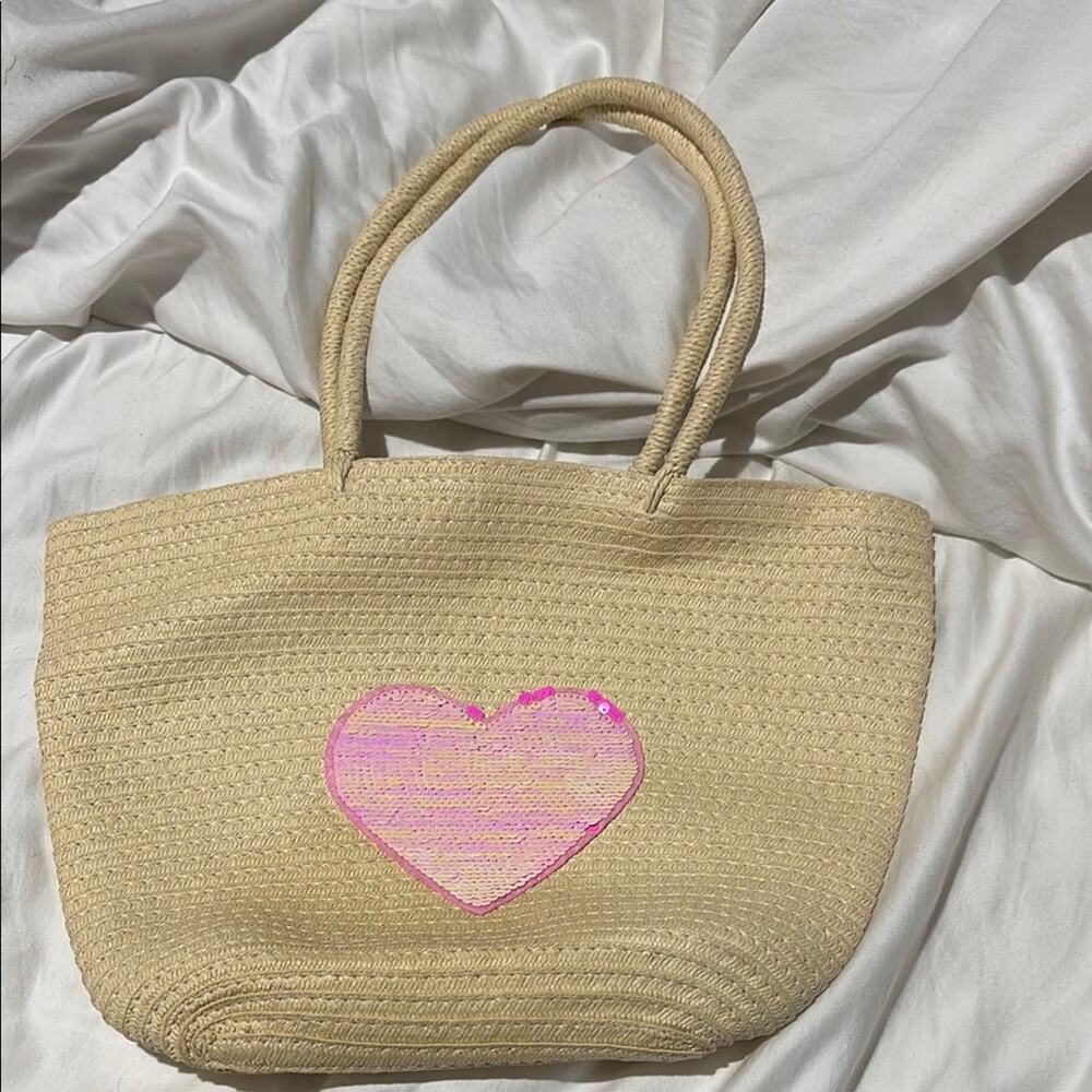 love2design Pink Heart sequins does the flip Woven Tote Bag beach boating nwot